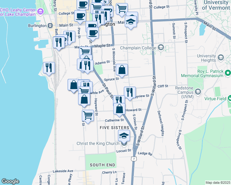 map of restaurants, bars, coffee shops, grocery stores, and more near 379 South Winooski Avenue in Burlington