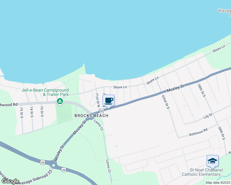 map of restaurants, bars, coffee shops, grocery stores, and more near 38 68th Street North in Wasaga Beach