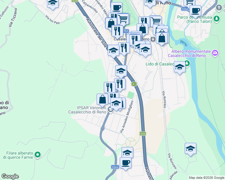 map of restaurants, bars, coffee shops, grocery stores, and more near 4 Via Leonardo Da Vinci in Bologna