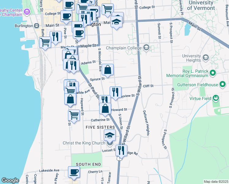 map of restaurants, bars, coffee shops, grocery stores, and more near 391 S Union St in Burlington