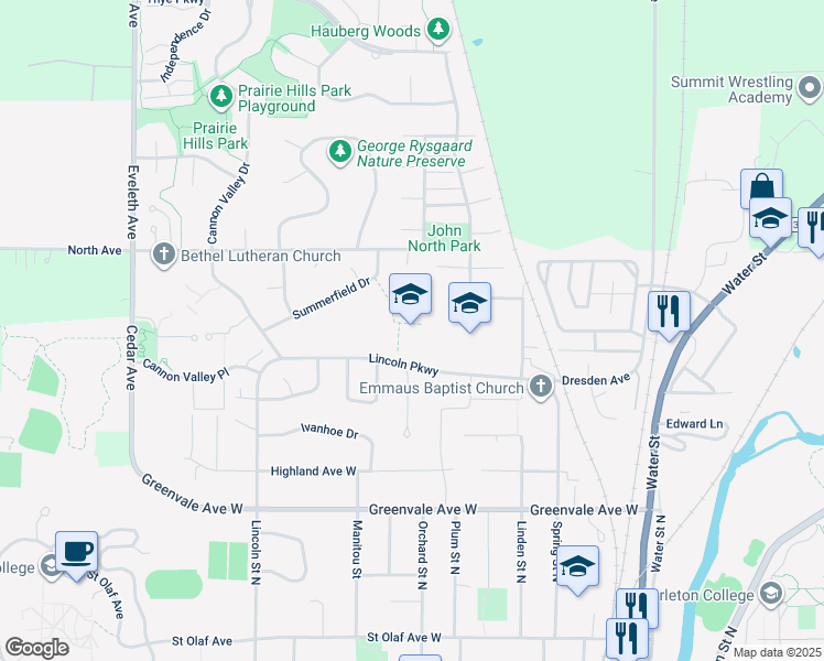 map of restaurants, bars, coffee shops, grocery stores, and more near 700 Lincoln Parkway in Northfield