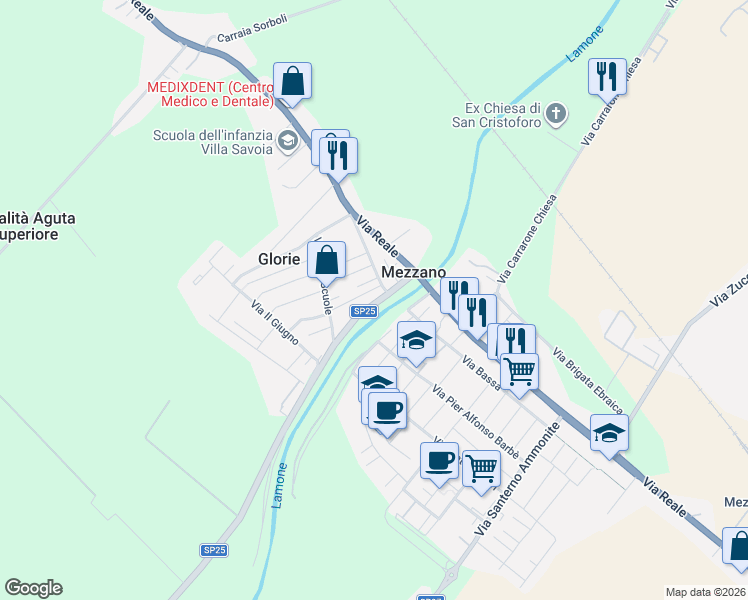 map of restaurants, bars, coffee shops, grocery stores, and more near 261 Via Glorie in Glorie