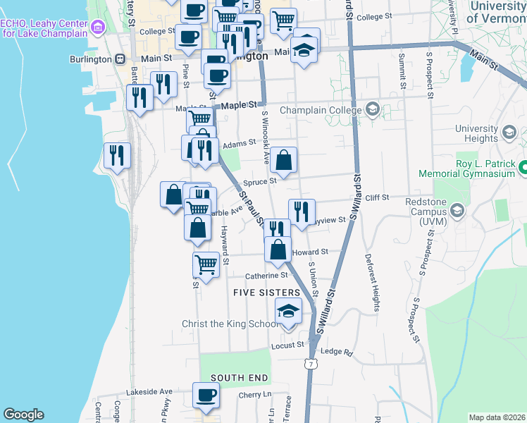 map of restaurants, bars, coffee shops, grocery stores, and more near 379 South Winooski Avenue in Burlington
