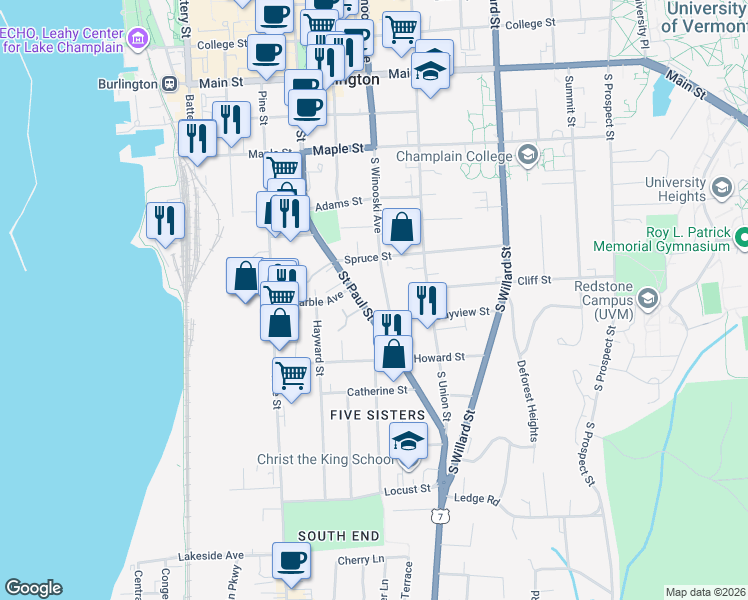 map of restaurants, bars, coffee shops, grocery stores, and more near 379 South Winooski Avenue in Burlington
