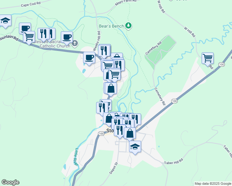 map of restaurants, bars, coffee shops, grocery stores, and more near 276 Mountain Road in Stowe