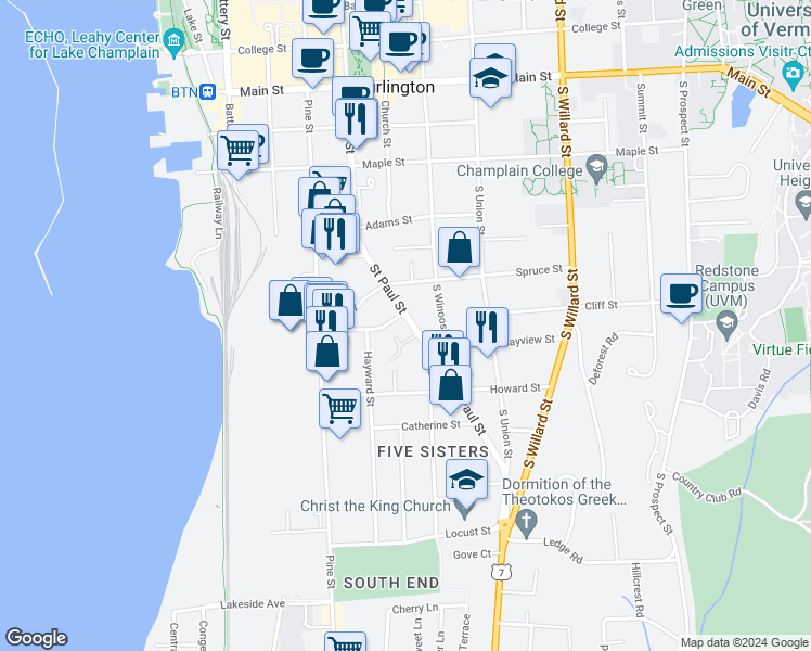 map of restaurants, bars, coffee shops, grocery stores, and more near 383 Saint Paul Street in Burlington