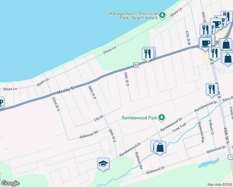 map of restaurants, bars, coffee shops, grocery stores, and more near 56 55th Street South in Wasaga Beach