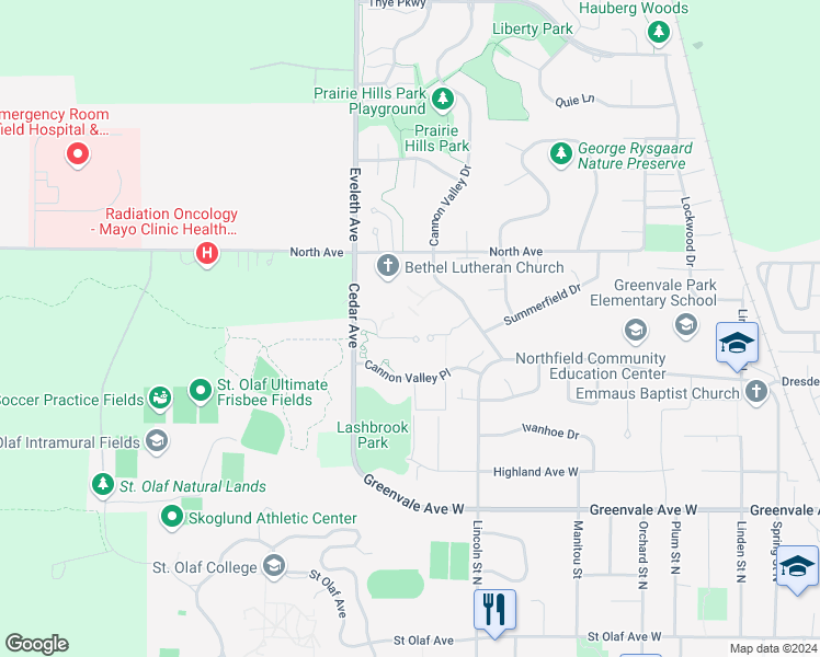 map of restaurants, bars, coffee shops, grocery stores, and more near 901 Cannon Valley Drive West in Northfield