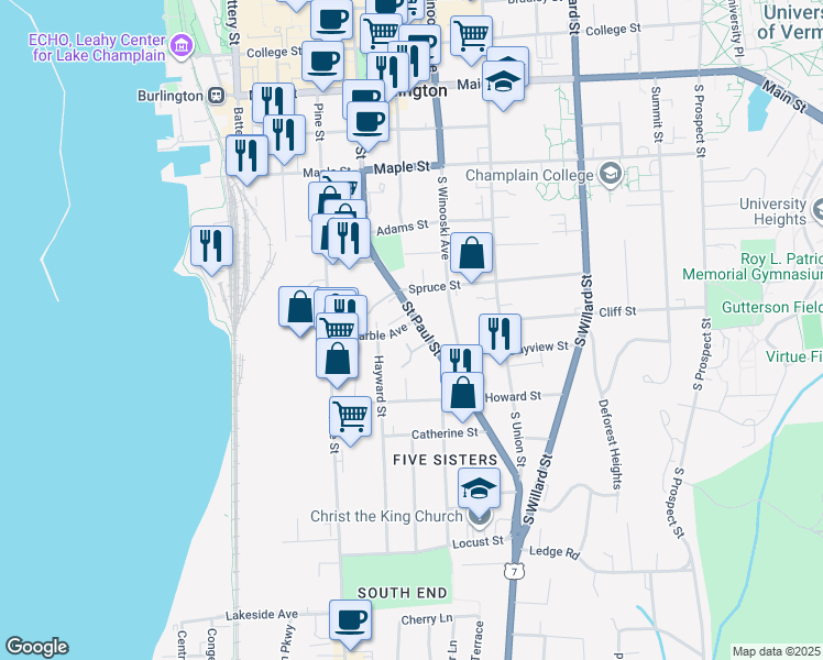 map of restaurants, bars, coffee shops, grocery stores, and more near 365 Saint Paul Street in Burlington