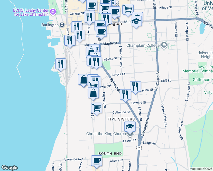 map of restaurants, bars, coffee shops, grocery stores, and more near 37 Marble Avenue in Burlington