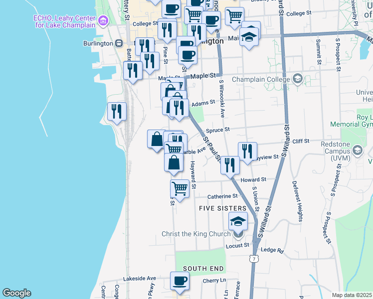 map of restaurants, bars, coffee shops, grocery stores, and more near 37 Marble Avenue in Burlington