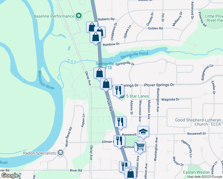 map of restaurants, bars, coffee shops, grocery stores, and more near 1900 Post Road in Plover