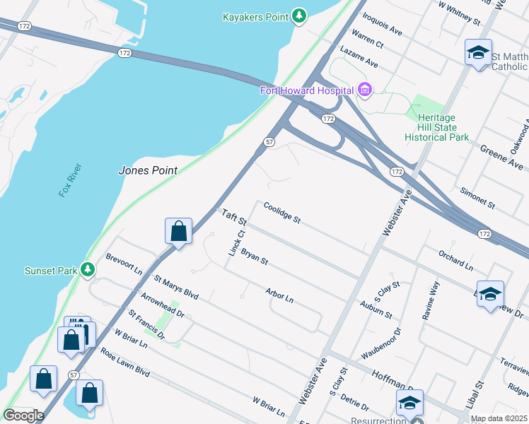 map of restaurants, bars, coffee shops, grocery stores, and more near 3037 Linck Court in Allouez