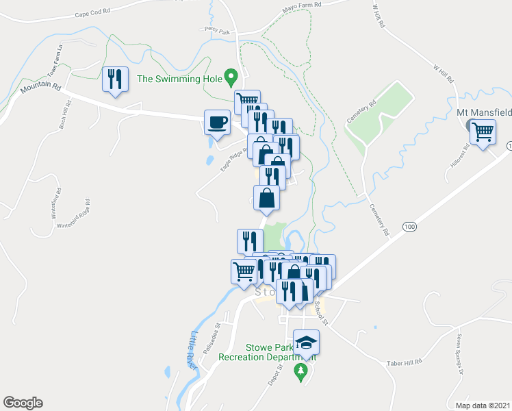 map of restaurants, bars, coffee shops, grocery stores, and more near 287 Mountain Road in Stowe