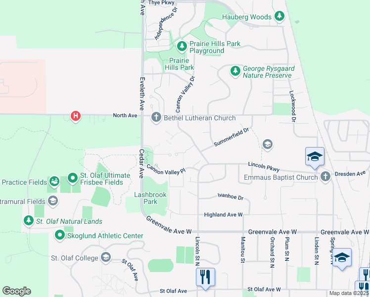 map of restaurants, bars, coffee shops, grocery stores, and more near 900 Cannon Valley Drive West in Northfield