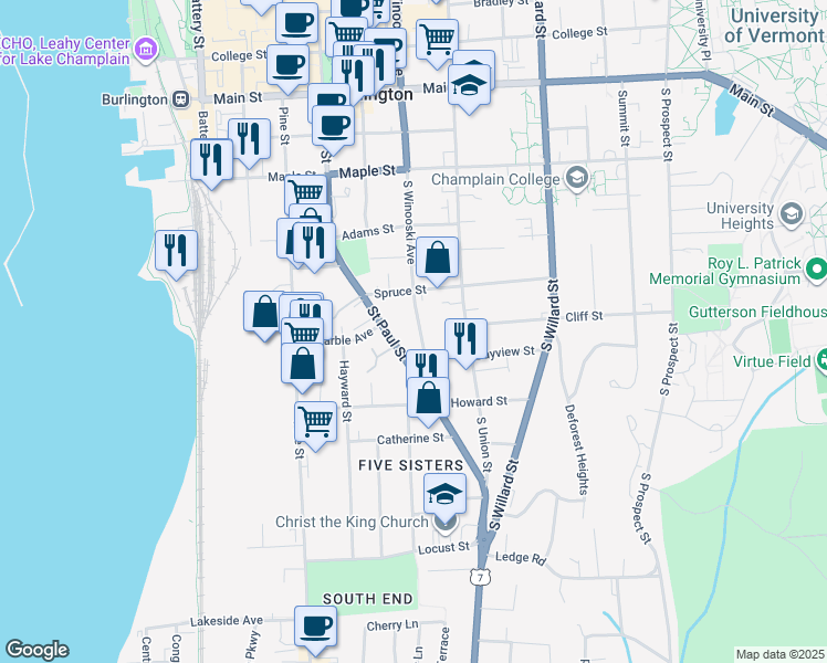 map of restaurants, bars, coffee shops, grocery stores, and more near 379 South Winooski Avenue in Burlington