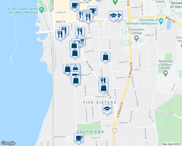 map of restaurants, bars, coffee shops, grocery stores, and more near 365 Saint Paul Street in Burlington