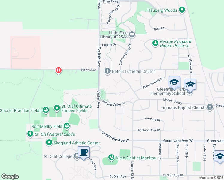 map of restaurants, bars, coffee shops, grocery stores, and more near 901 Cannon Valley Drive West in Northfield