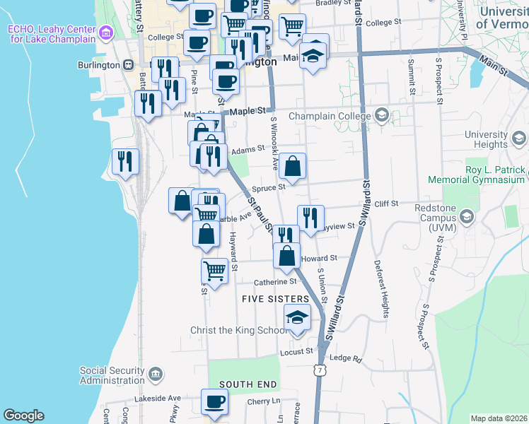 map of restaurants, bars, coffee shops, grocery stores, and more near 365 Saint Paul Street in Burlington