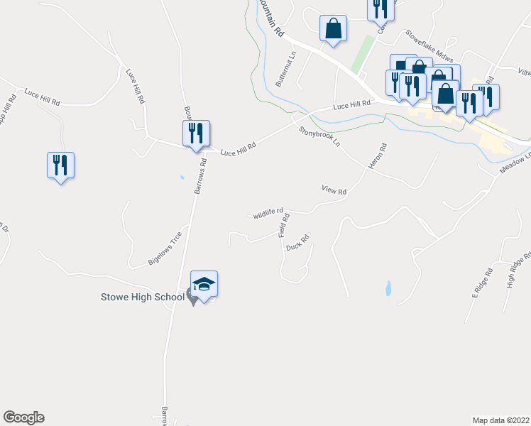 map of restaurants, bars, coffee shops, grocery stores, and more near wildlife rd in Stowe