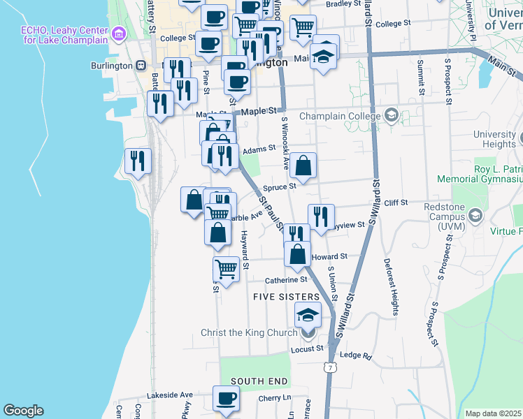 map of restaurants, bars, coffee shops, grocery stores, and more near 365 Saint Paul Street in Burlington