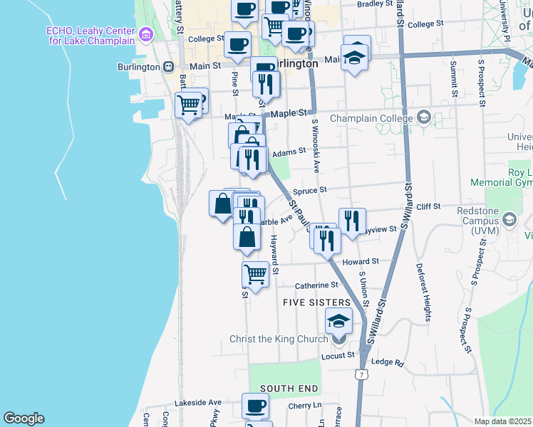 map of restaurants, bars, coffee shops, grocery stores, and more near 37 Marble Avenue in Burlington