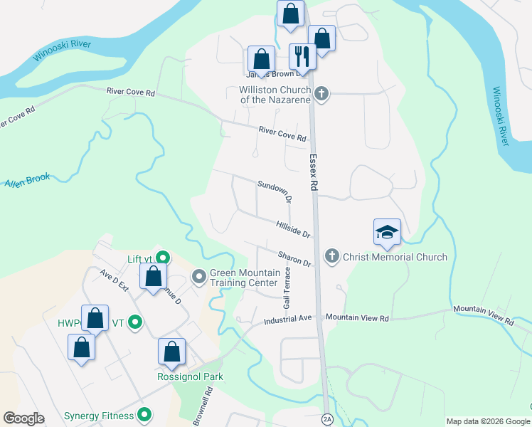 map of restaurants, bars, coffee shops, grocery stores, and more near 163 Hillside Drive in Williston