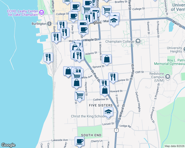 map of restaurants, bars, coffee shops, grocery stores, and more near 365 Saint Paul Street in Burlington