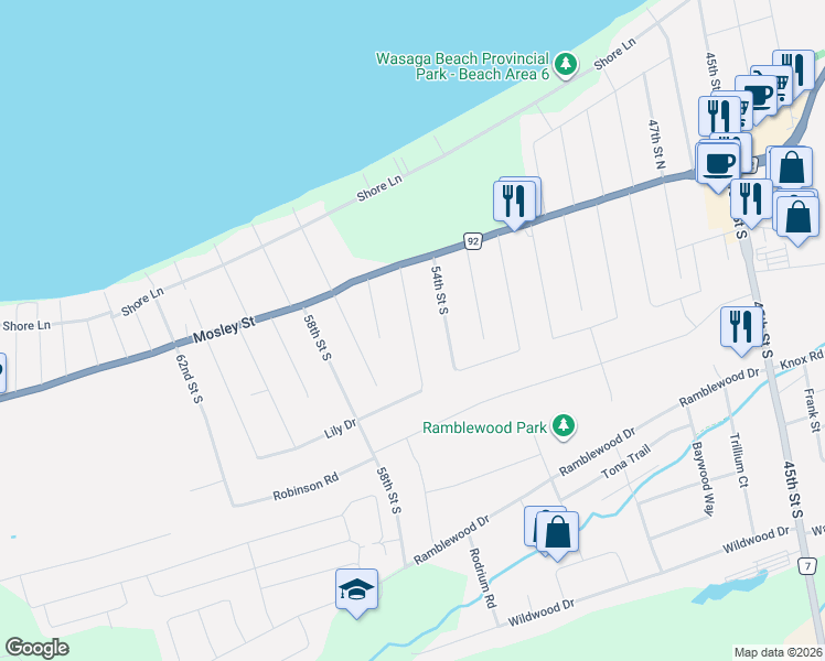 map of restaurants, bars, coffee shops, grocery stores, and more near 55th Street South in Wasaga Beach