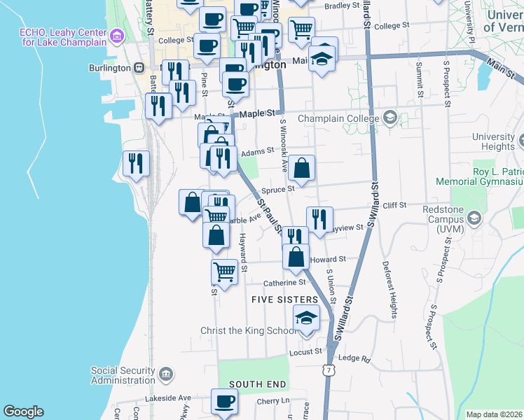 map of restaurants, bars, coffee shops, grocery stores, and more near 86 Marble Avenue in Burlington
