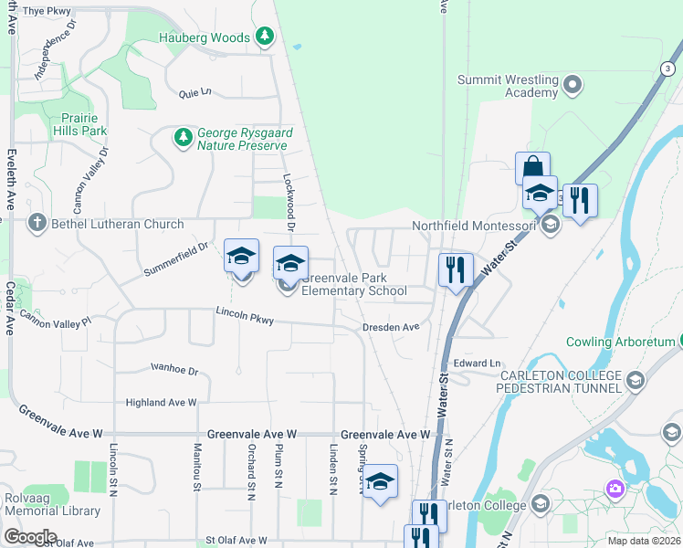 map of restaurants, bars, coffee shops, grocery stores, and more near 832 Linden Street North in Northfield