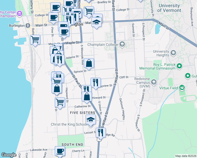 map of restaurants, bars, coffee shops, grocery stores, and more near 18-20 Bayview Street in Burlington