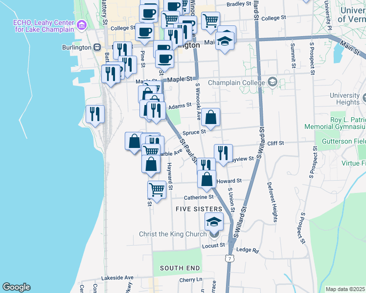 map of restaurants, bars, coffee shops, grocery stores, and more near 365 Saint Paul Street in Burlington