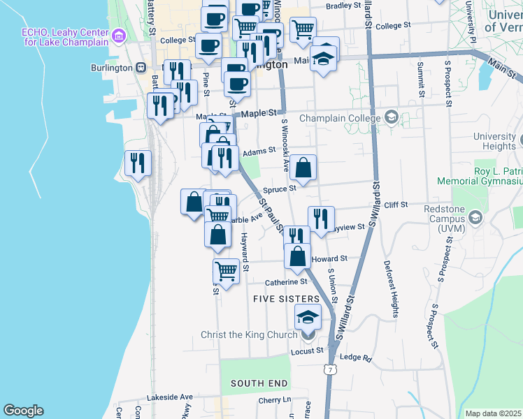 map of restaurants, bars, coffee shops, grocery stores, and more near 365 Saint Paul Street in Burlington