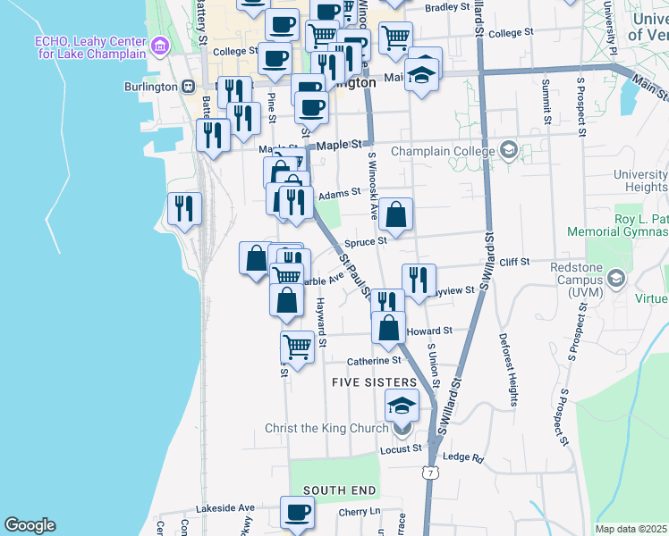 map of restaurants, bars, coffee shops, grocery stores, and more near 365 Saint Paul Street in Burlington