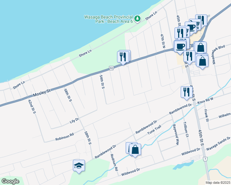 map of restaurants, bars, coffee shops, grocery stores, and more near 67 53rd Street South in Wasaga Beach