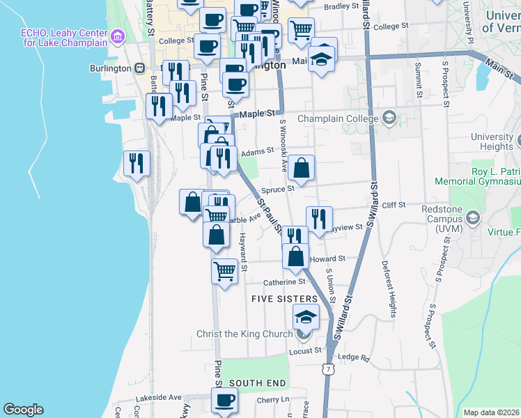 map of restaurants, bars, coffee shops, grocery stores, and more near 365 Saint Paul Street in Burlington