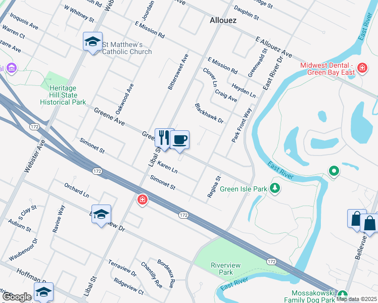 map of restaurants, bars, coffee shops, grocery stores, and more near 601 Greene Avenue in Green Bay