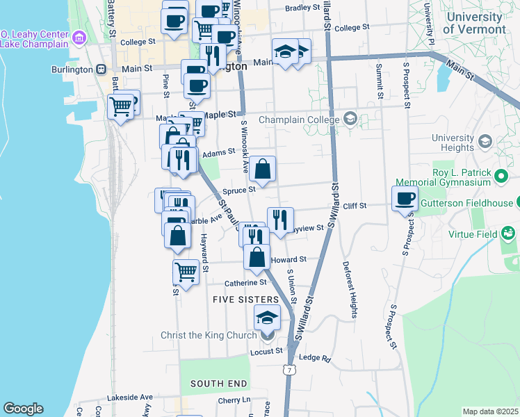 map of restaurants, bars, coffee shops, grocery stores, and more near 391 South Union Street in Burlington