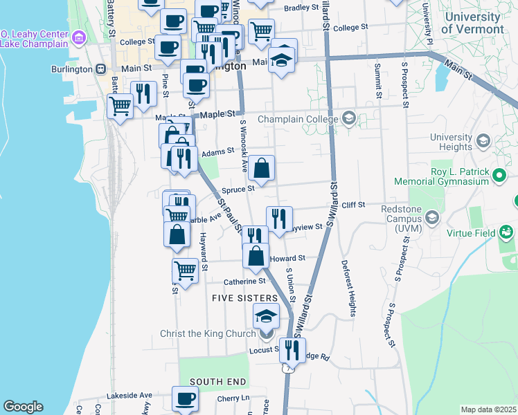 map of restaurants, bars, coffee shops, grocery stores, and more near 391 South Union Street in Burlington
