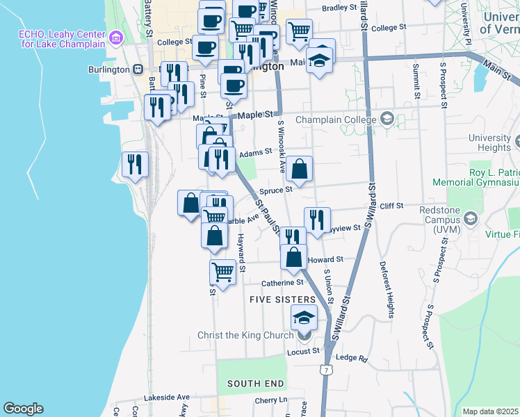 map of restaurants, bars, coffee shops, grocery stores, and more near 365 Saint Paul Street in Burlington