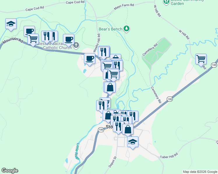 map of restaurants, bars, coffee shops, grocery stores, and more near 287 Mountain Road in Stowe