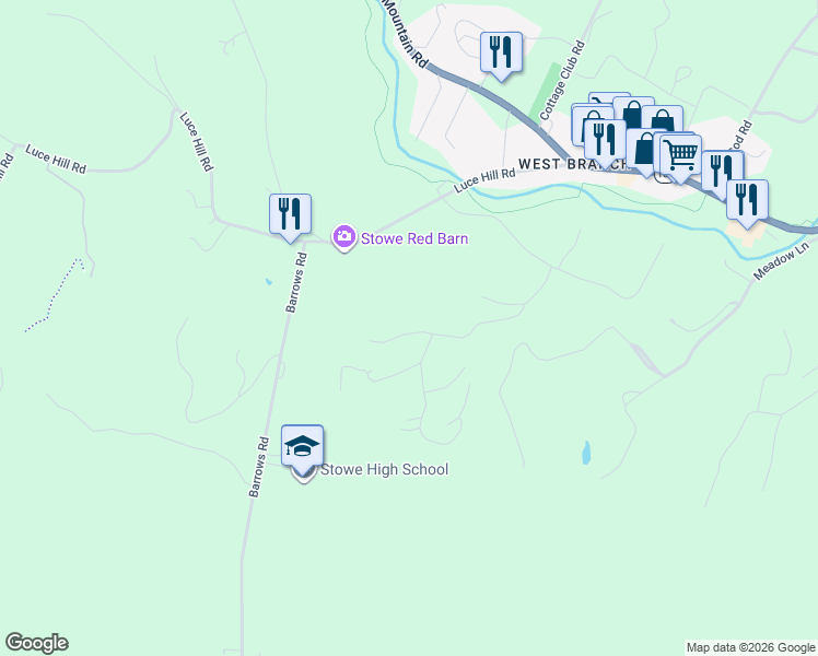 map of restaurants, bars, coffee shops, grocery stores, and more near wildlife rd in Stowe