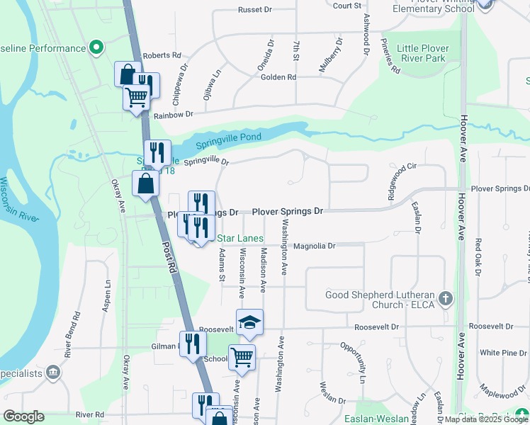 map of restaurants, bars, coffee shops, grocery stores, and more near 1308 Madison Avenue in Plover