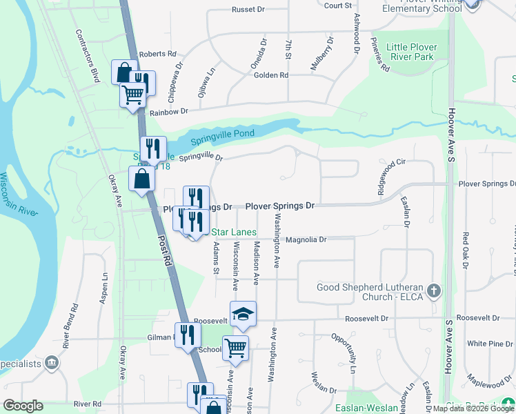 map of restaurants, bars, coffee shops, grocery stores, and more near 1308 Madison Avenue in Plover