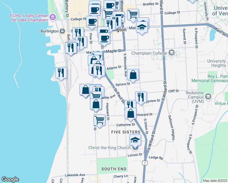 map of restaurants, bars, coffee shops, grocery stores, and more near 359 Saint Paul Street in Burlington