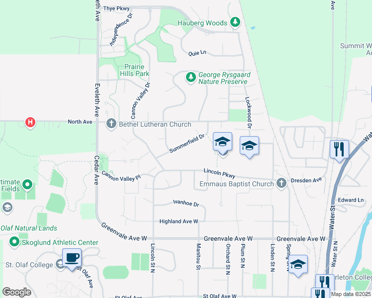 map of restaurants, bars, coffee shops, grocery stores, and more near 908 Lincoln Parkway in Northfield