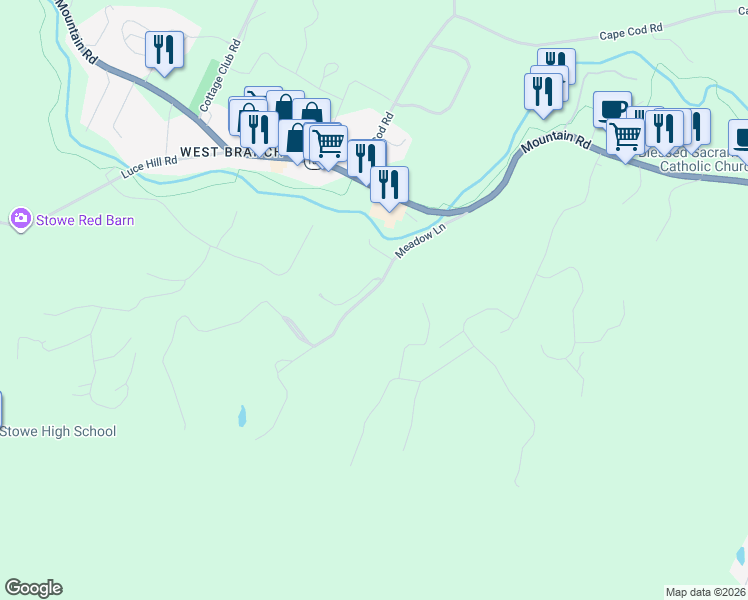 map of restaurants, bars, coffee shops, grocery stores, and more near 71 West Ridge Road in Stowe