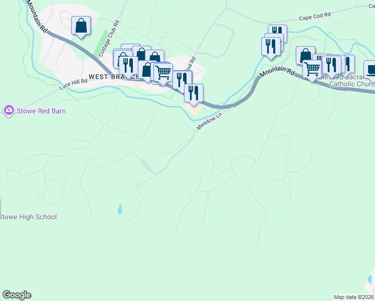 map of restaurants, bars, coffee shops, grocery stores, and more near 71 West Ridge Road in Stowe
