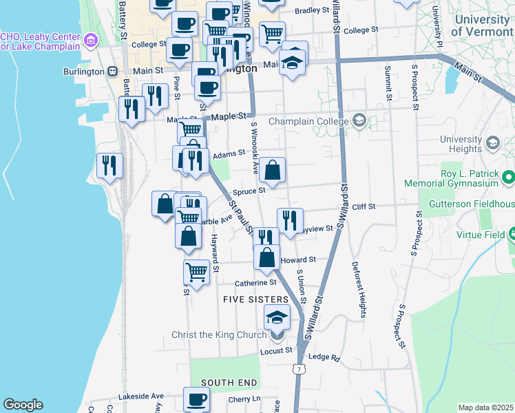 map of restaurants, bars, coffee shops, grocery stores, and more near 379 South Winooski Avenue in Burlington